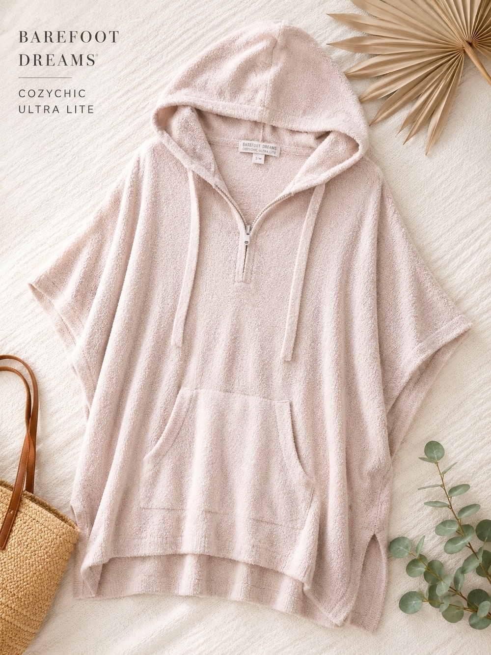 Barefoot Dreams CozyChic Ultra Lite Hooded Poncho Tunic S/M Cream Soft Knit